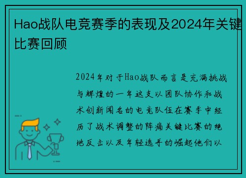 Hao战队电竞赛季的表现及2024年关键比赛回顾