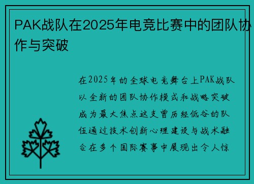 PAK战队在2025年电竞比赛中的团队协作与突破