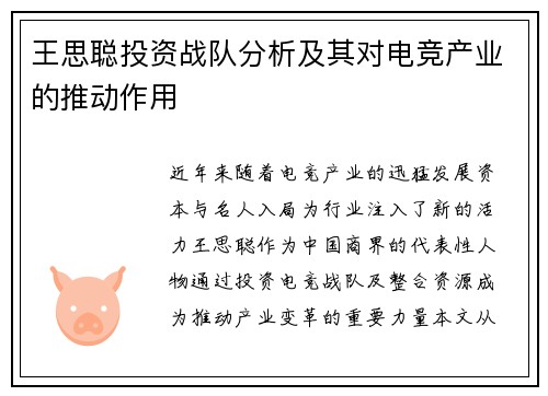 王思聪投资战队分析及其对电竞产业的推动作用