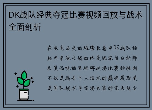 DK战队经典夺冠比赛视频回放与战术全面剖析